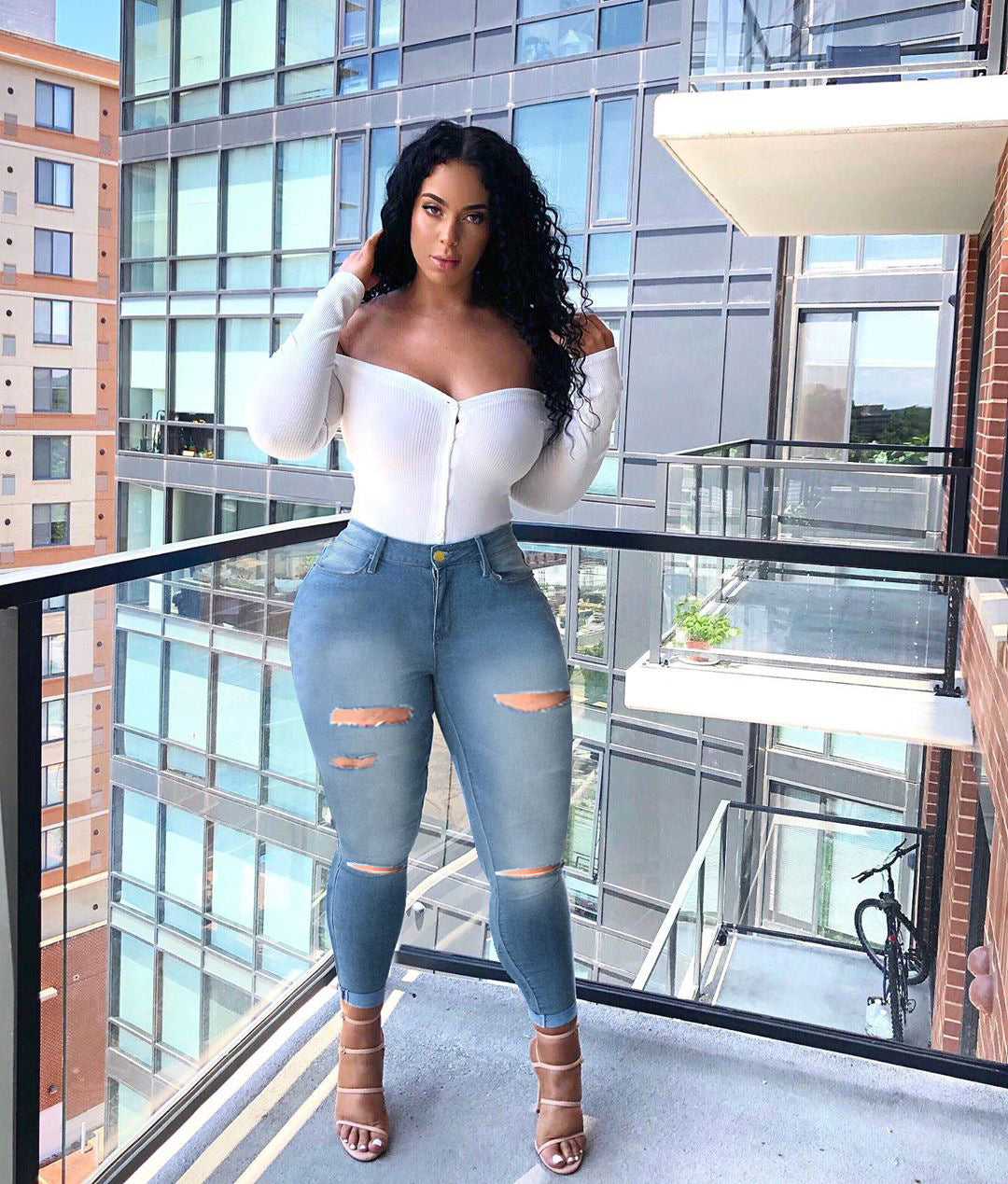 Women'S High Elasticity Ripped Jeans Feet Pants Women