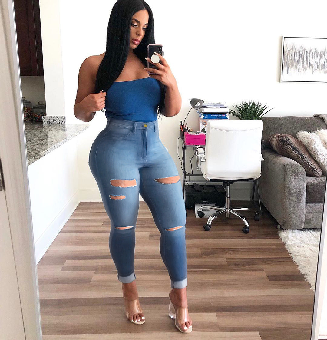 Women'S High Elasticity Ripped Jeans Feet Pants Women