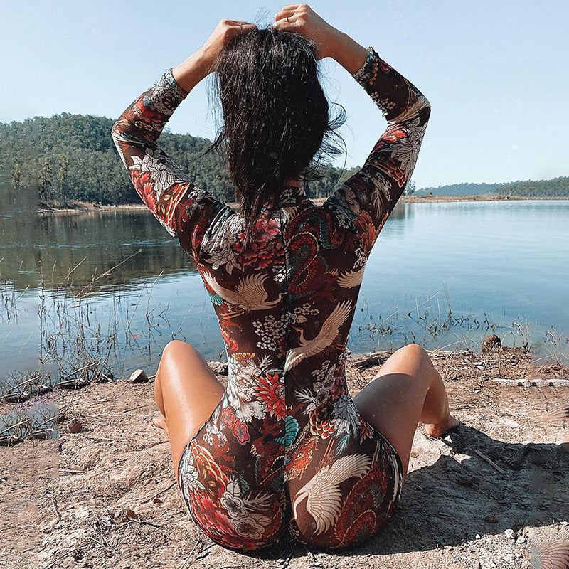 New Style Ladies One-piece Shorts Women Suit Printed Brown T