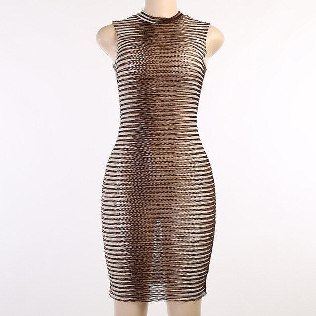 Stripe Printed O-neck Party Mini Dress