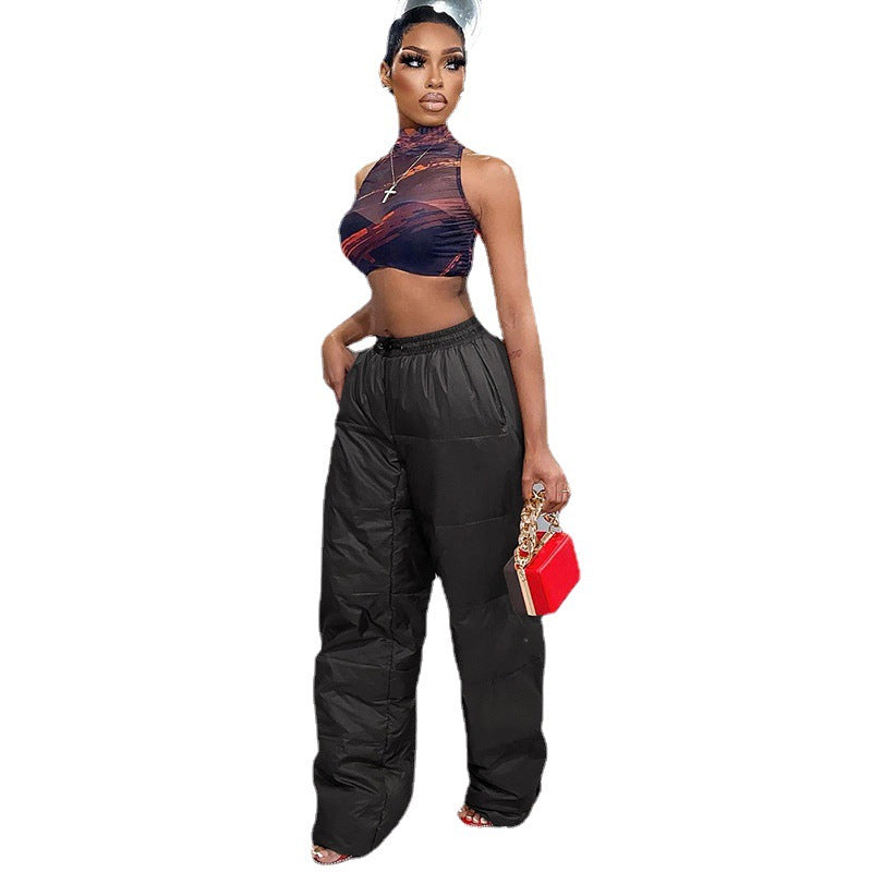 Women's Cotton Pants Vintage Pants Lace-up Elastic Pocket Low-waisted Trousers