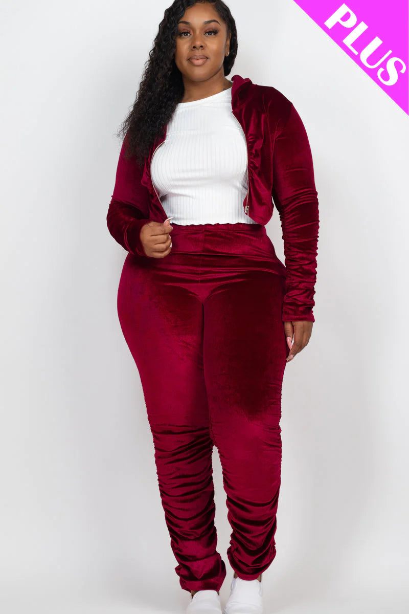 Plus Size Velour Ruched Front Zip up Jacket & Stacked Pants Set (CAPELLA)