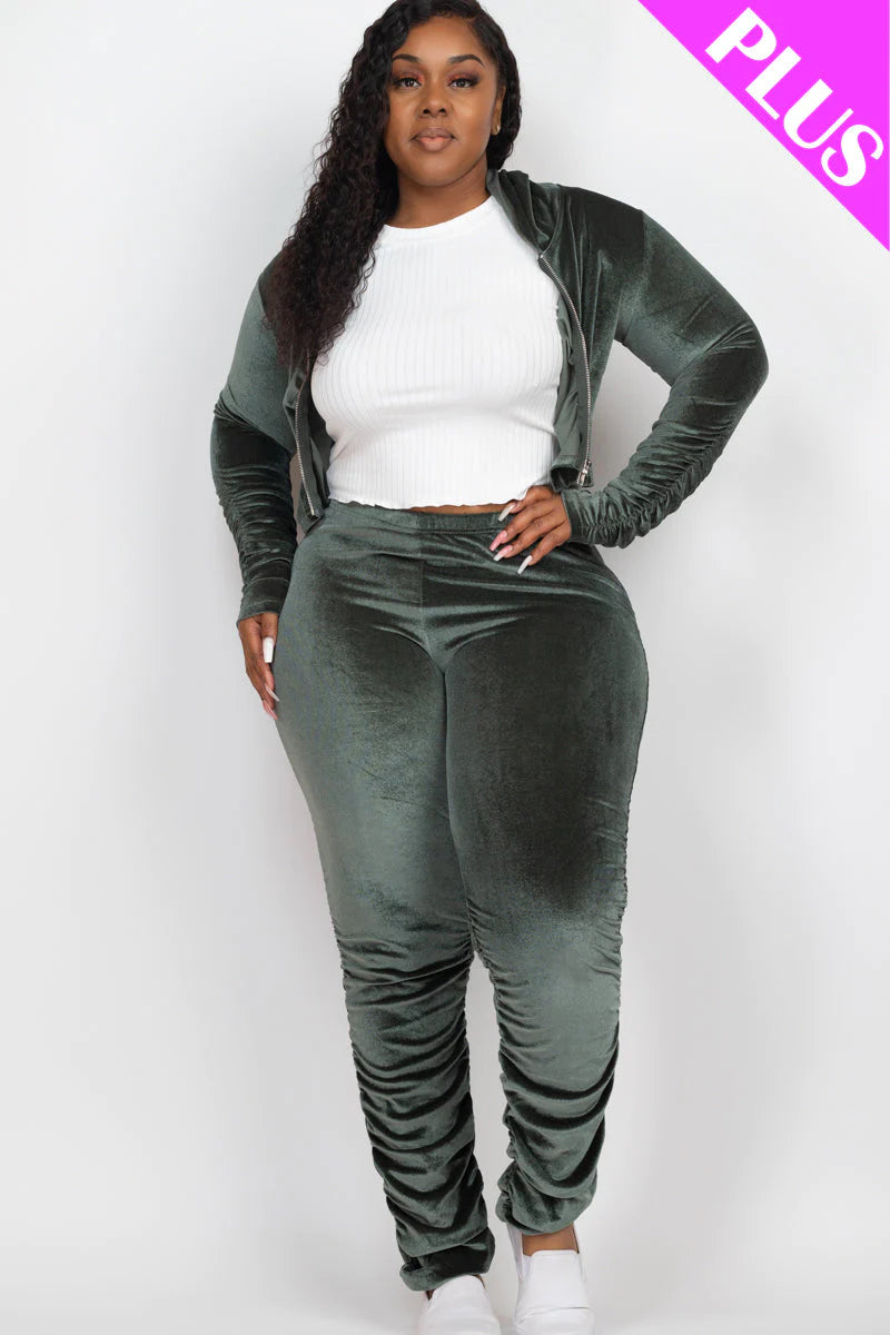 Plus Size Velour Ruched Front Zip up Jacket & Stacked Pants Set (CAPELLA)