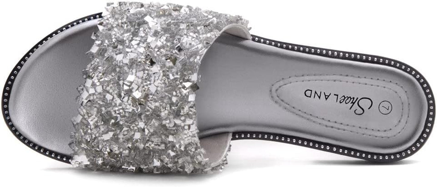 Womens Joli Slip on Slides Open Toe Rhinestone Glitter Flat Sandals Bling Sparkle Casual Shoes