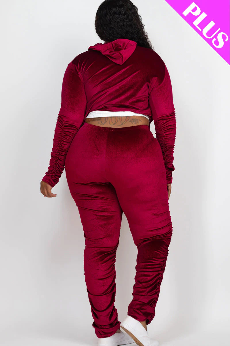 Plus Size Velour Ruched Front Zip up Jacket & Stacked Pants Set (CAPELLA)