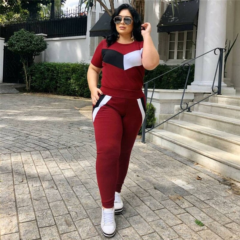 Plus Size 2 Piece Set Women Tracksuits Patchwork Crop Top Short Sleeve Leggings Jogger Sport Suit Stretch Wholesale Dropshipping