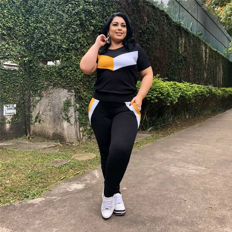 Plus Size 2 Piece Set Women Tracksuits Patchwork Crop Top Short Sleeve Leggings Jogger Sport Suit Stretch Wholesale Dropshipping