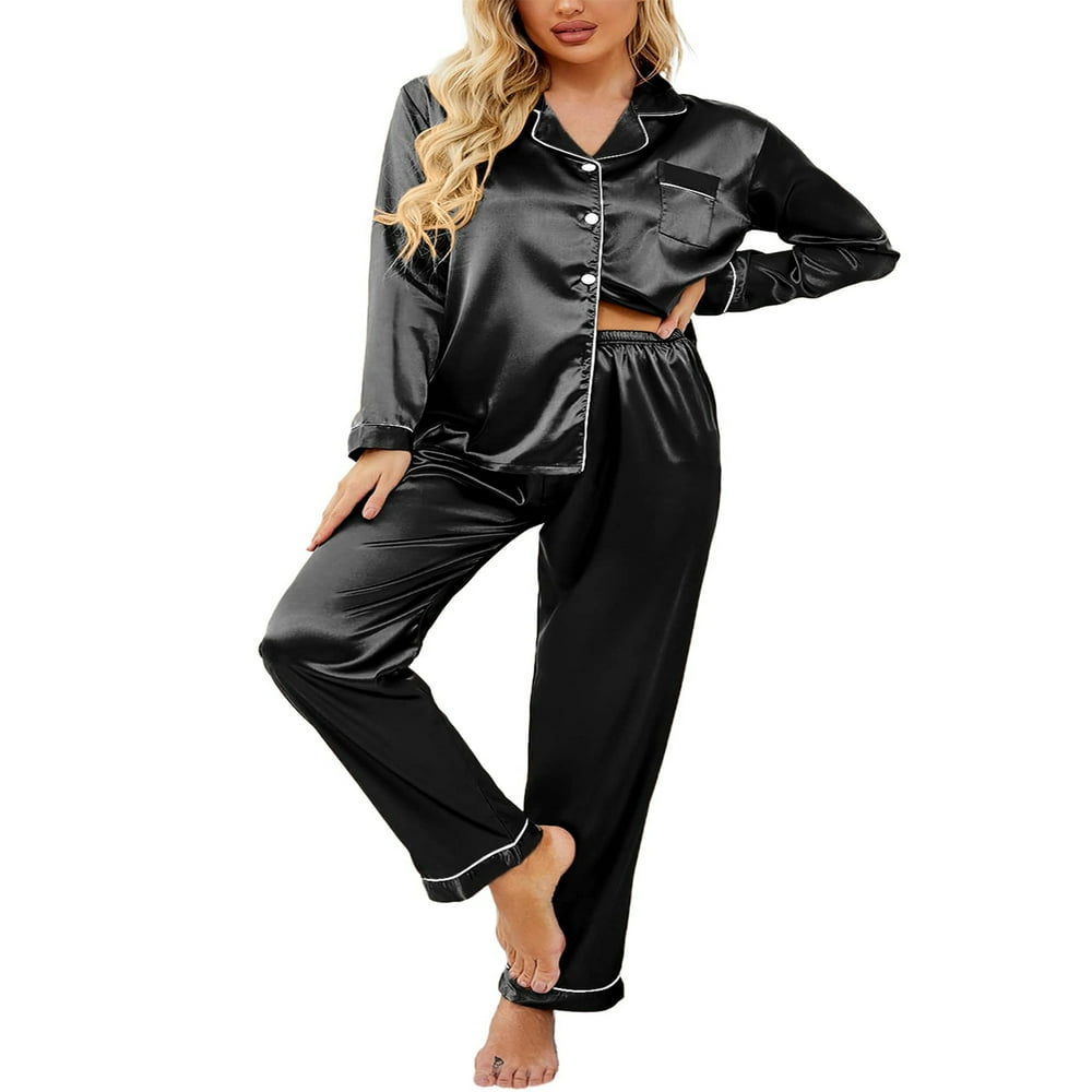 Sleepwear Womens Silky Satin Pajamas Set Long Sleeve Nightwear Loungewear, Black, S