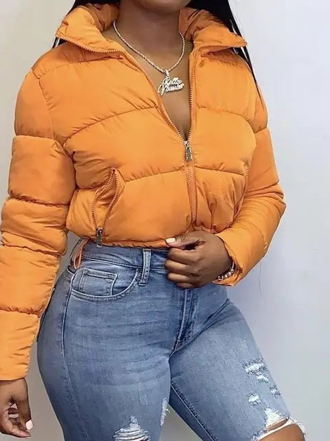 Autumn Warm Jacket Women Solid Puffer Cotton-Padded Zip-Up Coat Two-Pocket Adjustable Top Long Sleeve Turtleneck Jurk