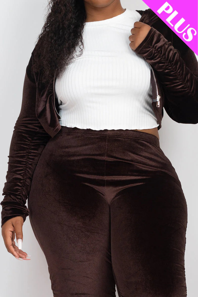 Plus Size Velour Ruched Front Zip up Jacket & Stacked Pants Set (CAPELLA)