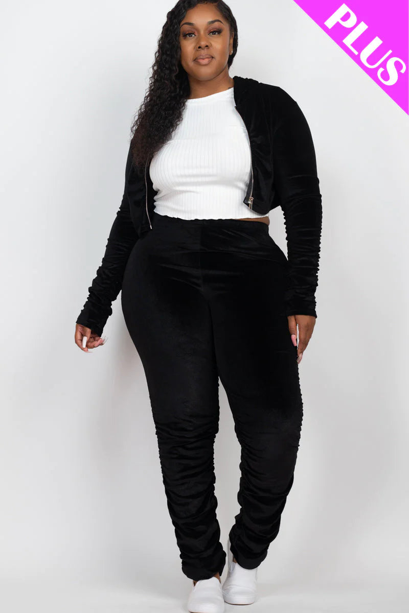 Plus Size Velour Ruched Front Zip up Jacket & Stacked Pants Set (CAPELLA)