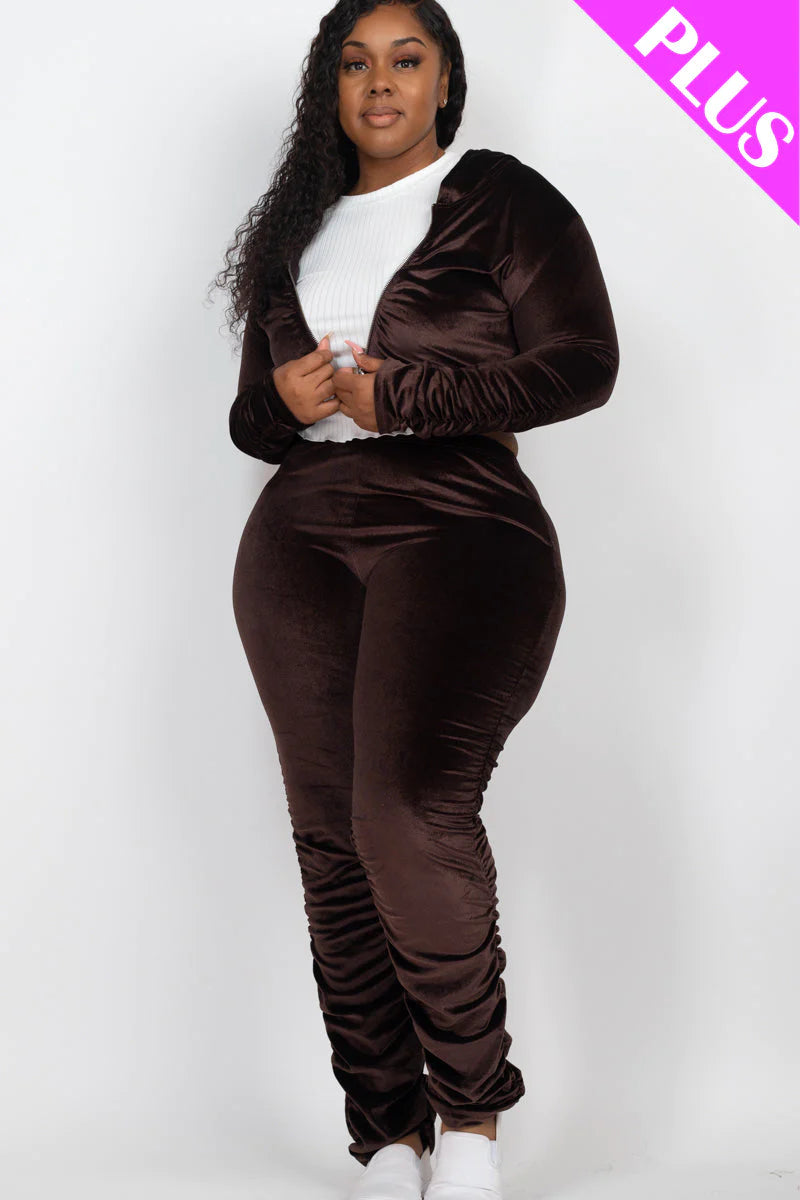Plus Size Velour Ruched Front Zip up Jacket & Stacked Pants Set (CAPELLA)