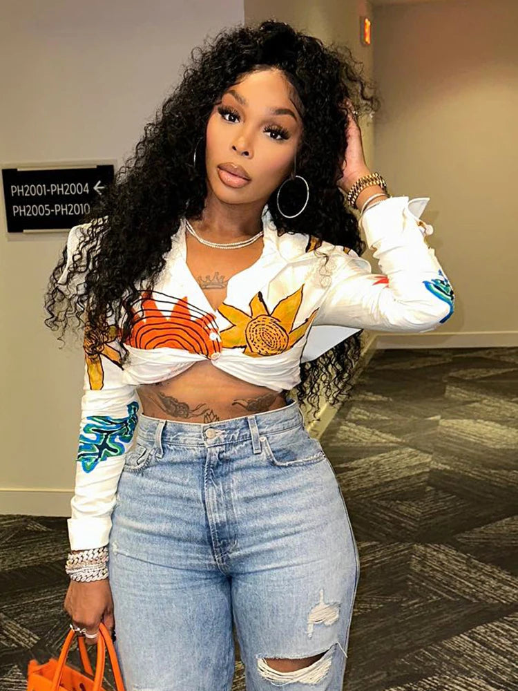 Autumn Women Bare Midriff Casual Woven Fabrics Shirt M23L35999 Girl V-Neck Flowers Print Crop Tops Miss All-Match Blouse