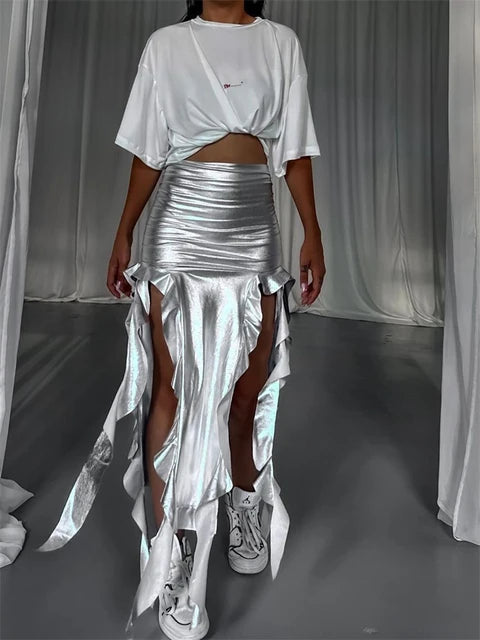Autumn Women Mid-Calf Streetwear PU Leather Hip Skirt M23J35997 Girl Asymmetrical Side Spilt Half Dress Robe Club Attire