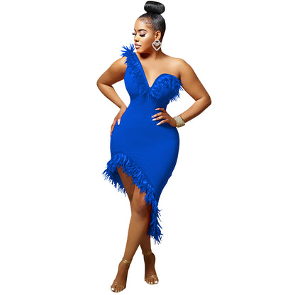 Feather-Trim Asymmetric Midi Dress