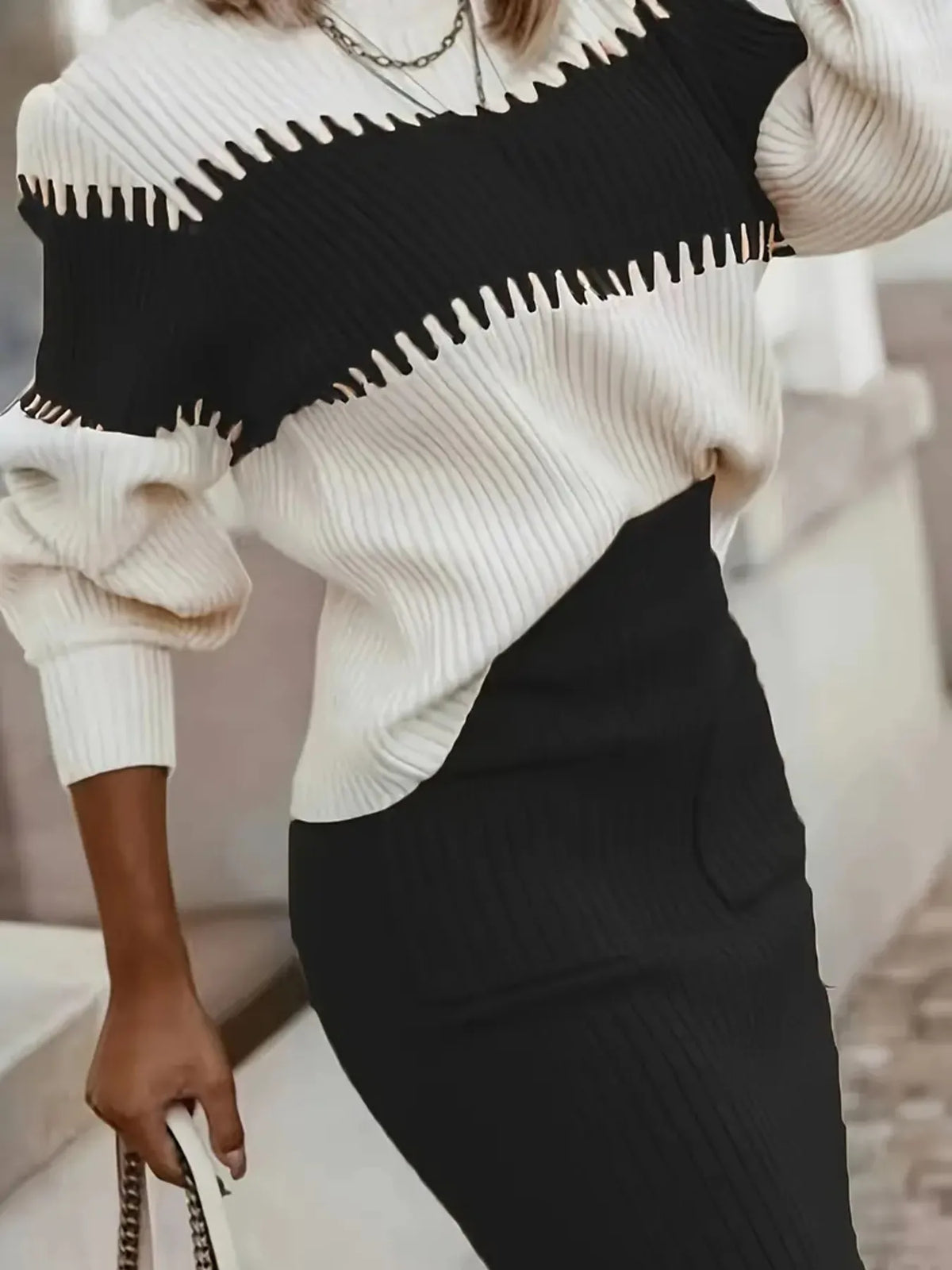 Two-Tone Ribbed Knit Skirt Set