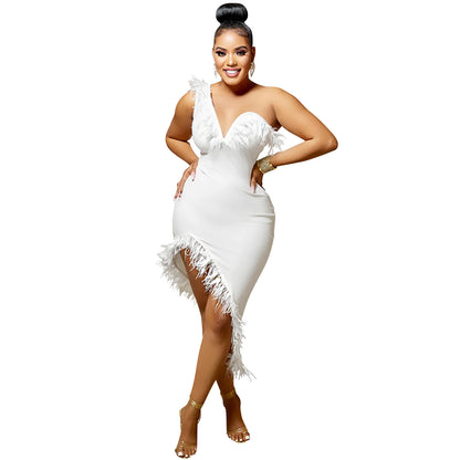 Feather-Trim Asymmetric Midi Dress