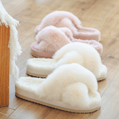 Faux-Fur Cross-Strap Slippers