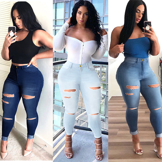 Women'S High Elasticity Ripped Jeans Feet Pants Women