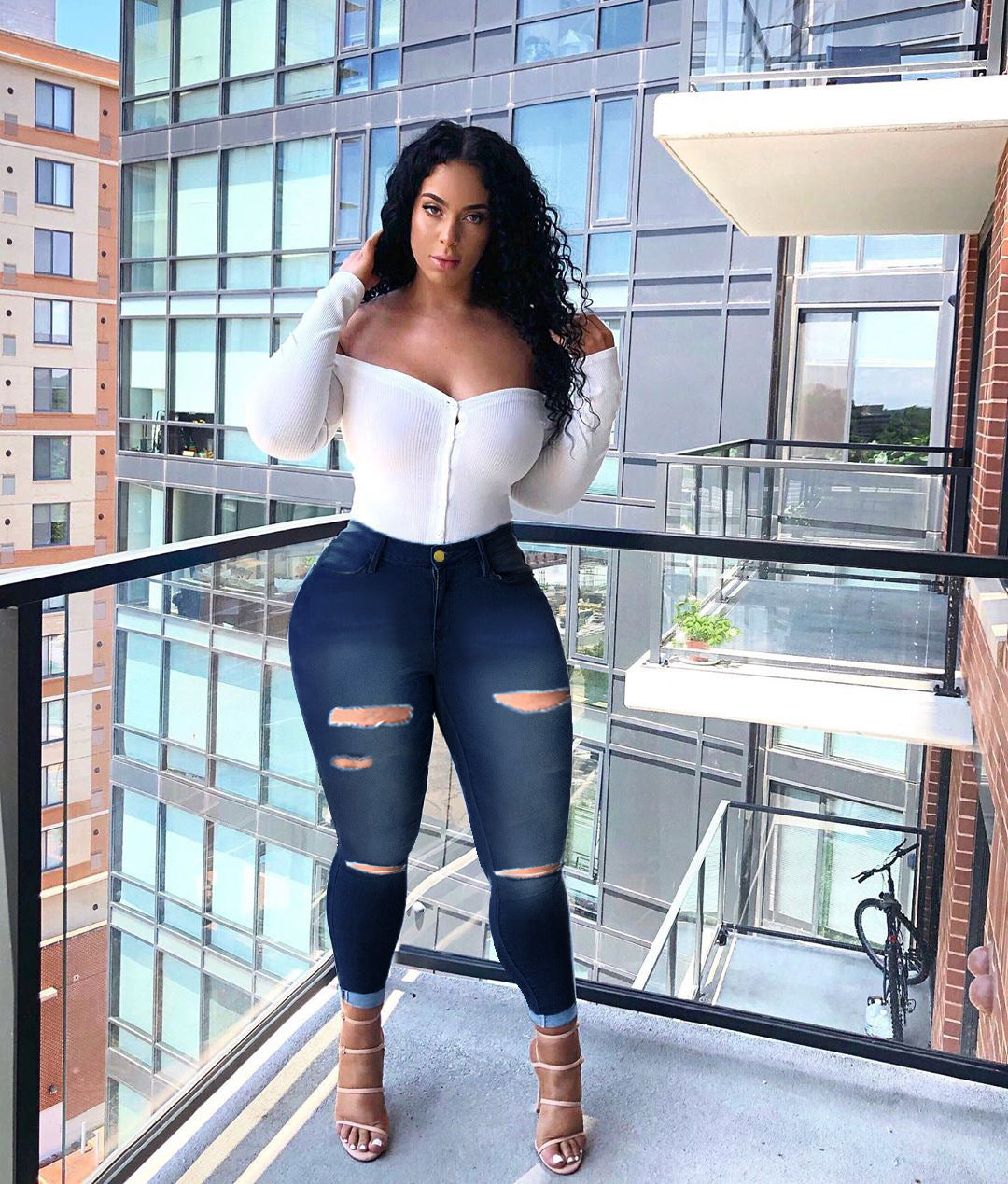 Women'S High Elasticity Ripped Jeans Feet Pants Women