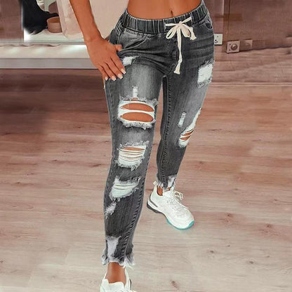 High-Waist Drawstring Distressed Jeans