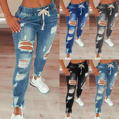 High-Waist Drawstring Distressed Jeans