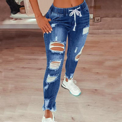 High-Waist Drawstring Distressed Jeans