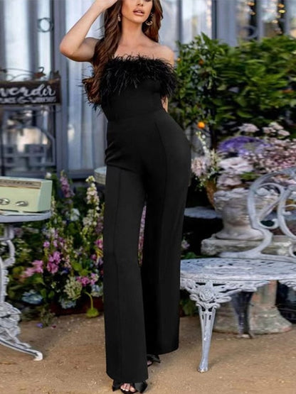 Sequin and Feather-Panel Jumpsuit