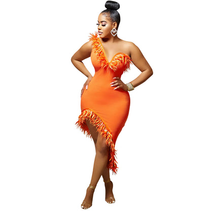 Feather-Trim Asymmetric Midi Dress