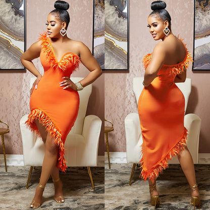 Feather-Trim Asymmetric Midi Dress