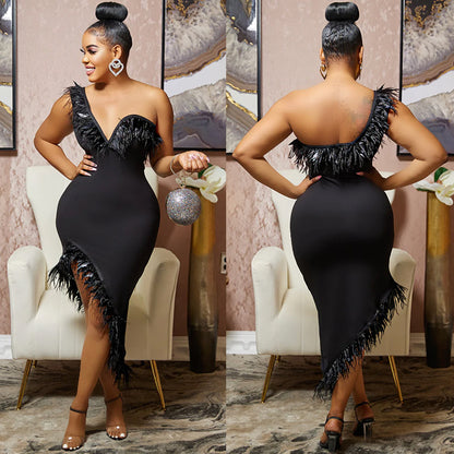 Feather-Trim Asymmetric Midi Dress