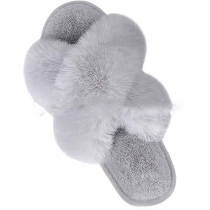 Faux-Fur Cross-Strap Slippers