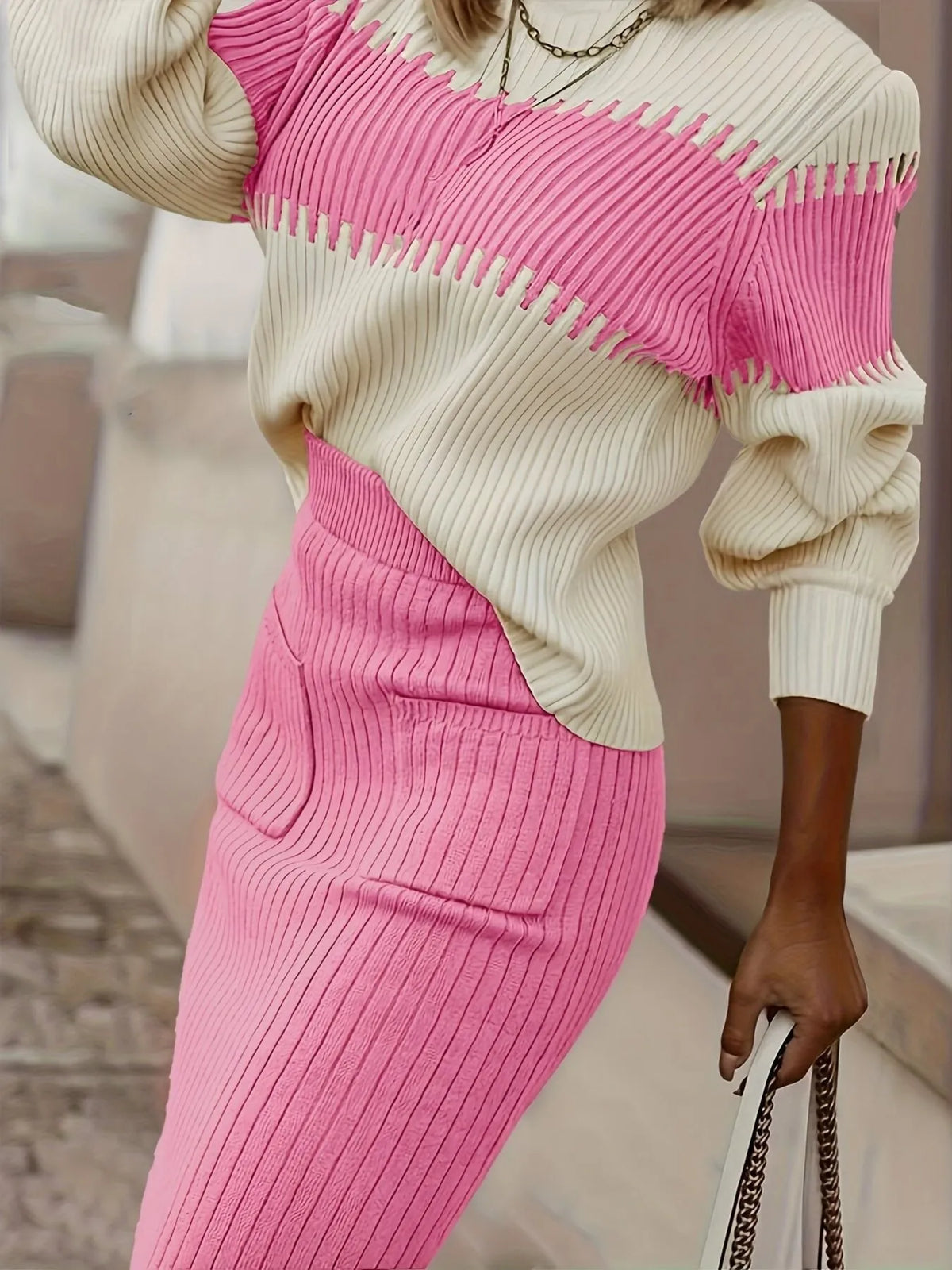 Two-Tone Ribbed Knit Skirt Set