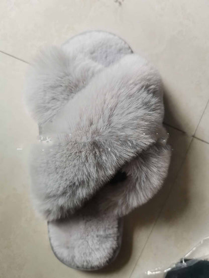 Faux-Fur Cross-Strap Slippers