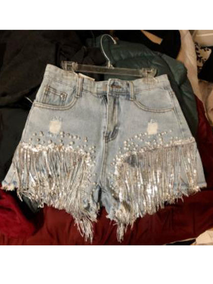 Beaded Tassel Denim Shorts