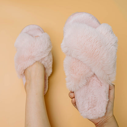 Faux-Fur Cross-Strap Slippers