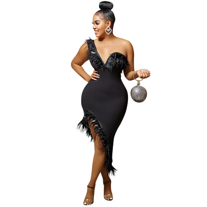 Feather-Trim Asymmetric Midi Dress