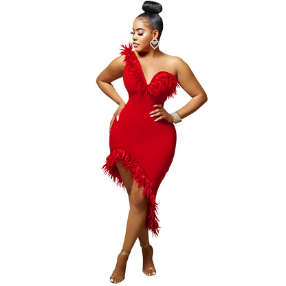 Feather-Trim Asymmetric Midi Dress