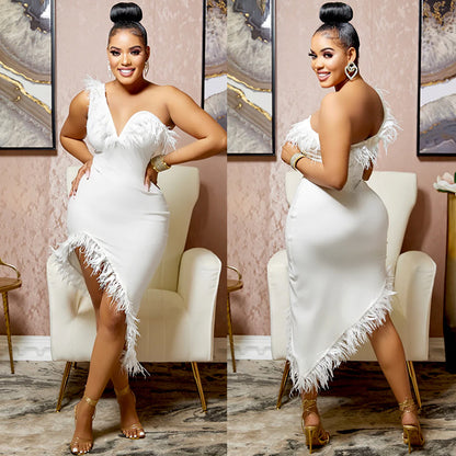 Feather-Trim Asymmetric Midi Dress