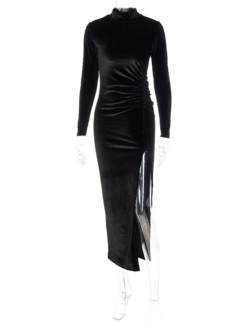 Long-Sleeve Ruched Velvet Midi Dress