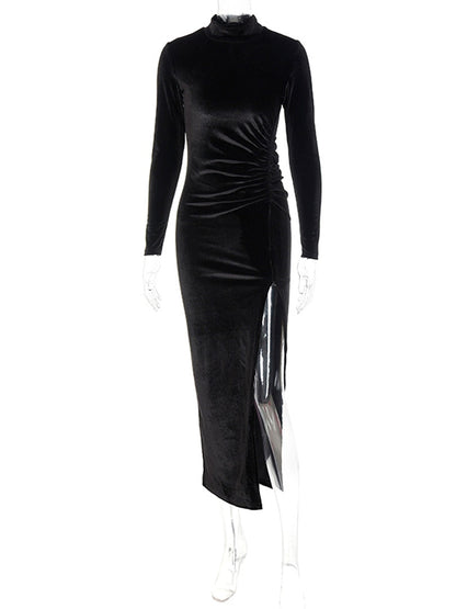 Long-Sleeve Ruched Velvet Midi Dress