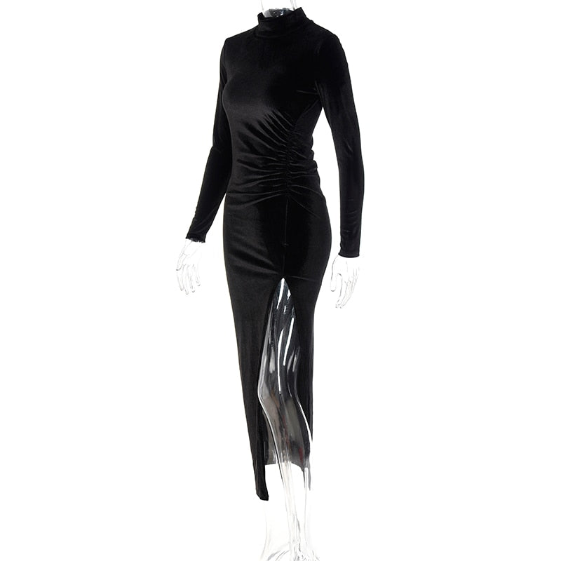 Long-Sleeve Ruched Velvet Midi Dress