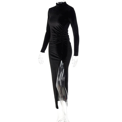 Long-Sleeve Ruched Velvet Midi Dress