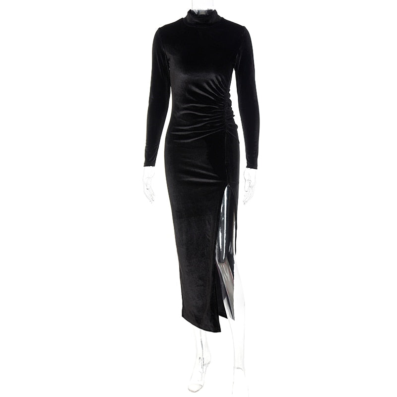 Long-Sleeve Ruched Velvet Midi Dress