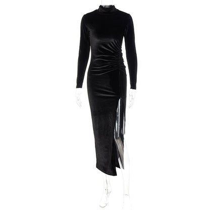 Long-Sleeve Ruched Velvet Midi Dress