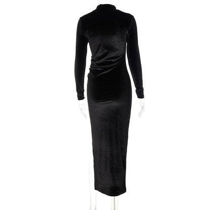 Long-Sleeve Ruched Velvet Midi Dress