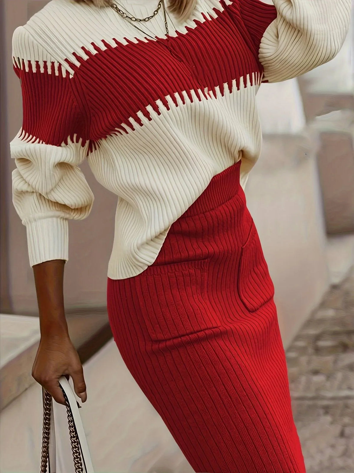 Two-Tone Ribbed Knit Skirt Set