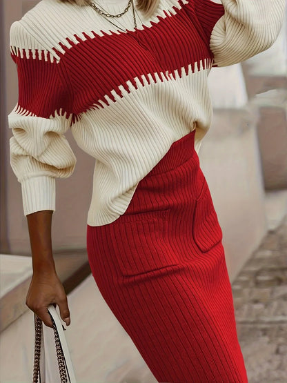 Two-Tone Ribbed Knit Skirt Set