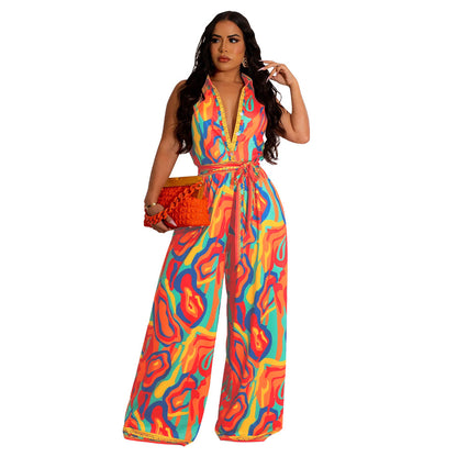 Printed V-Neck Wide-Leg Jumpsuit