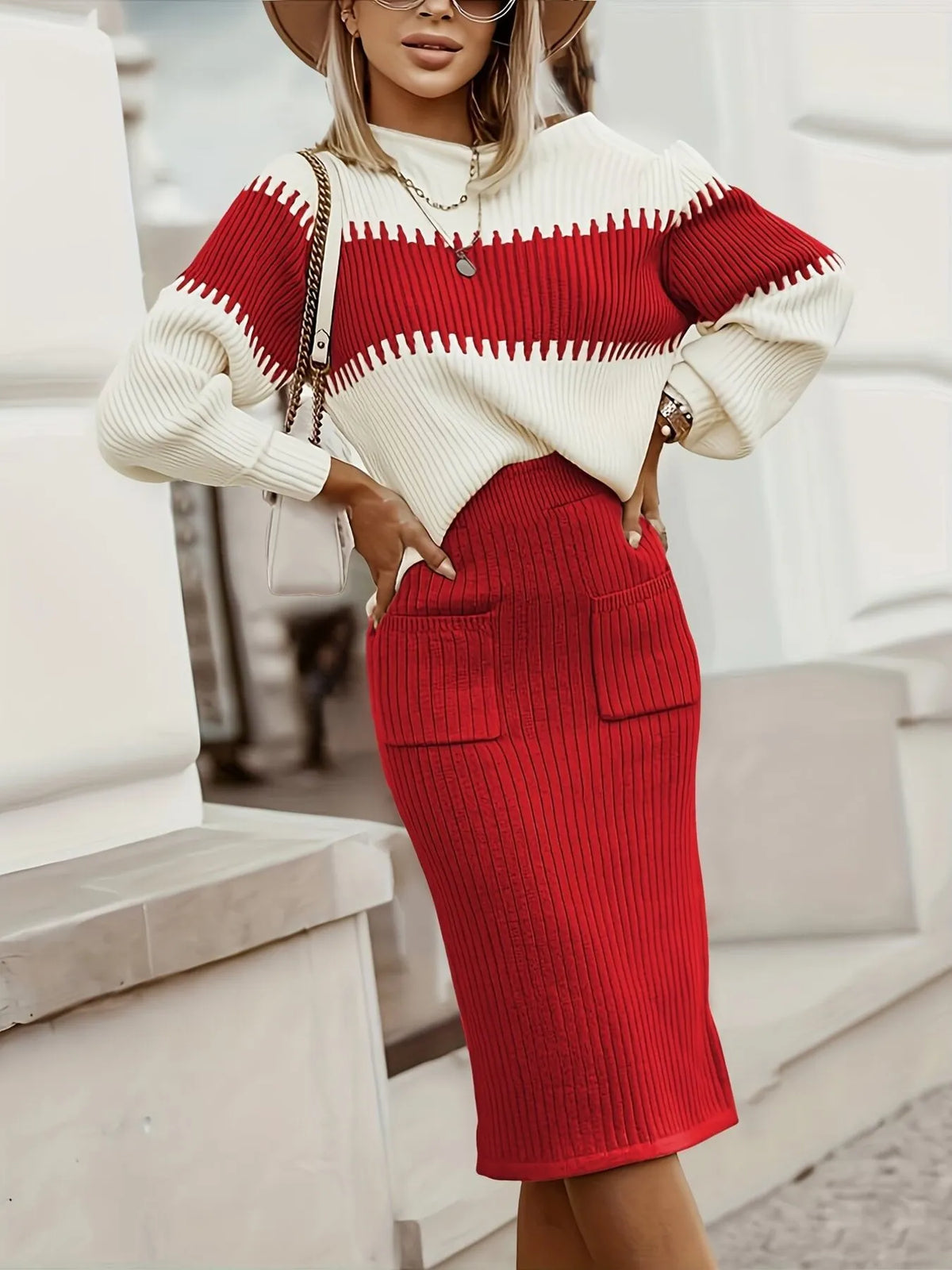Two-Tone Ribbed Knit Skirt Set